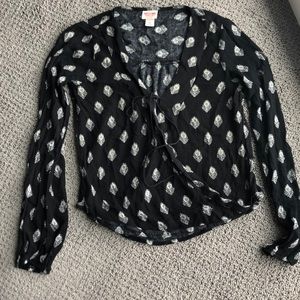 Black patterned tie front wrap top